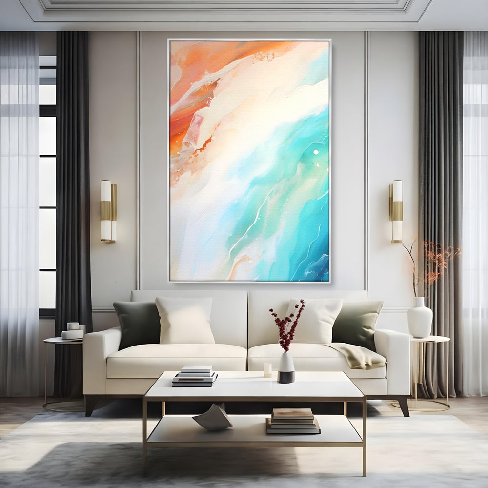 Tablou canvas cu pictura abstracta cu valuri turcoaz, in rama de aluminiu argintiu, pe perete intr-un living